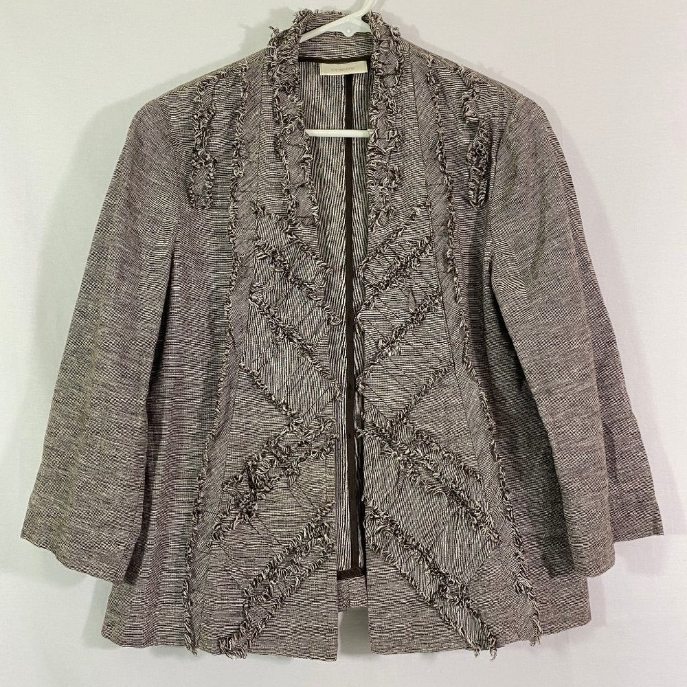 Chicos Cropped Linen Blazer Jacket with Ruffles